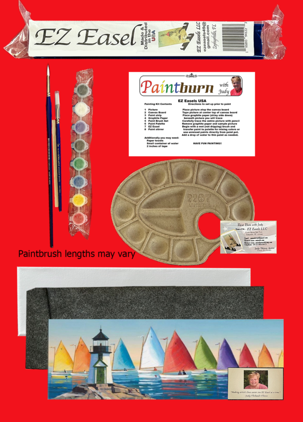 This paint kit includes paint brushes, canvas board, paint stirring stick, palette for mixing colors, carbon paper, instructions, mage to copy and the EZ Easel to make holding your work a breeze.