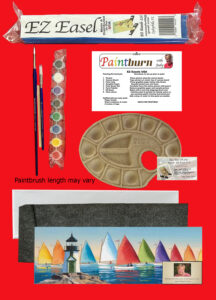 The paint kit includes paint brushes, stirring stick, carbon paper, palette for mixing paints, canvas board and an image to trace.