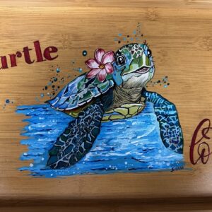 Lap table, light wood, woodburned and painted